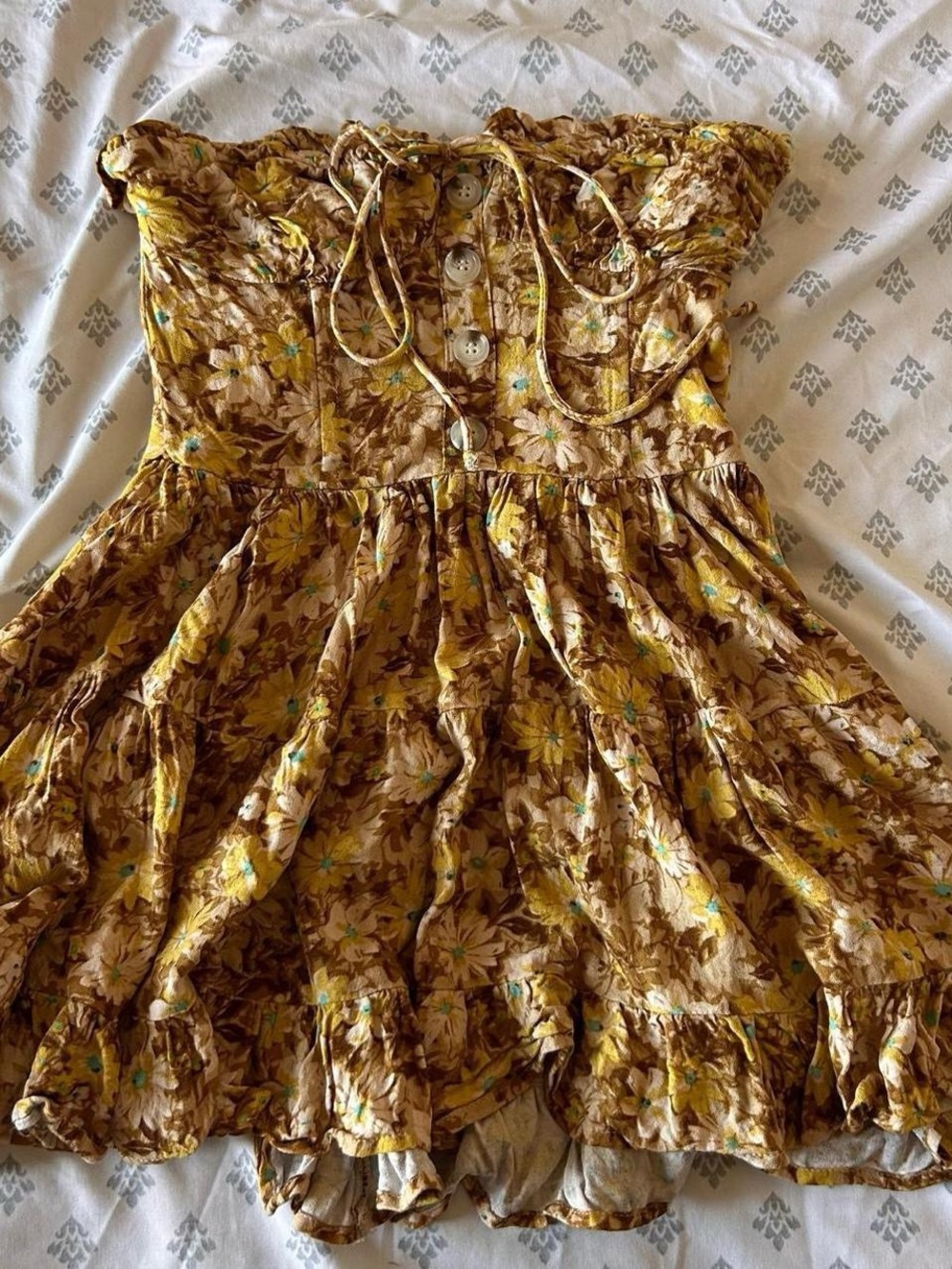 Smocked Strapless Floral Dress in Yellow and Brown